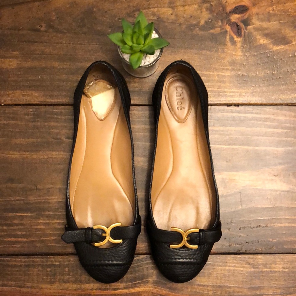 Chloe black leather flats with gold hardware